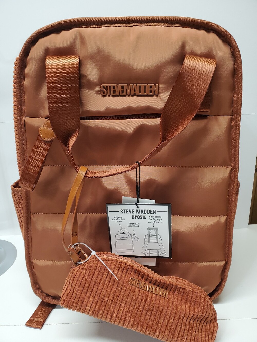 Steve Madden Copper Whiskey Quilted Nylon Backpack with Matching Pouch